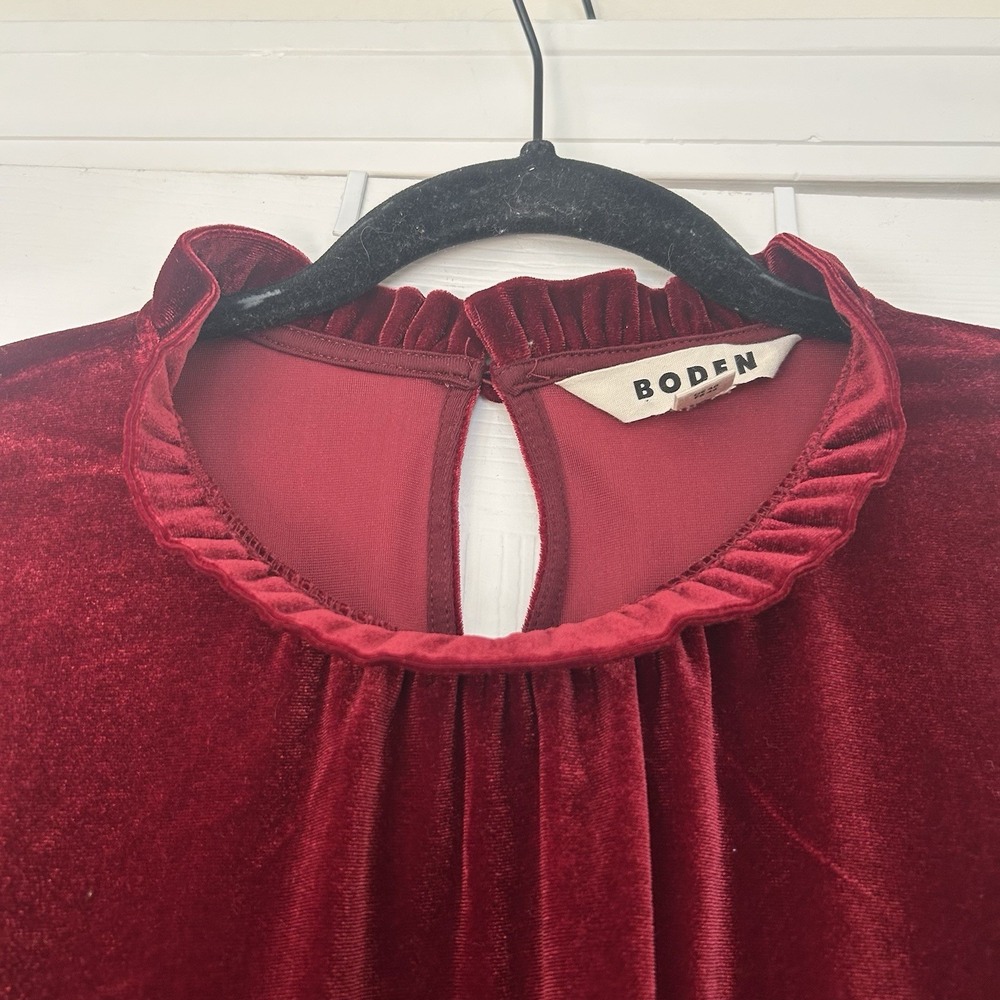 Boden Velvet Frill Trim Long Sleeve Top Red Women's US Size 10 Mockneck - Picture 4 of 6
